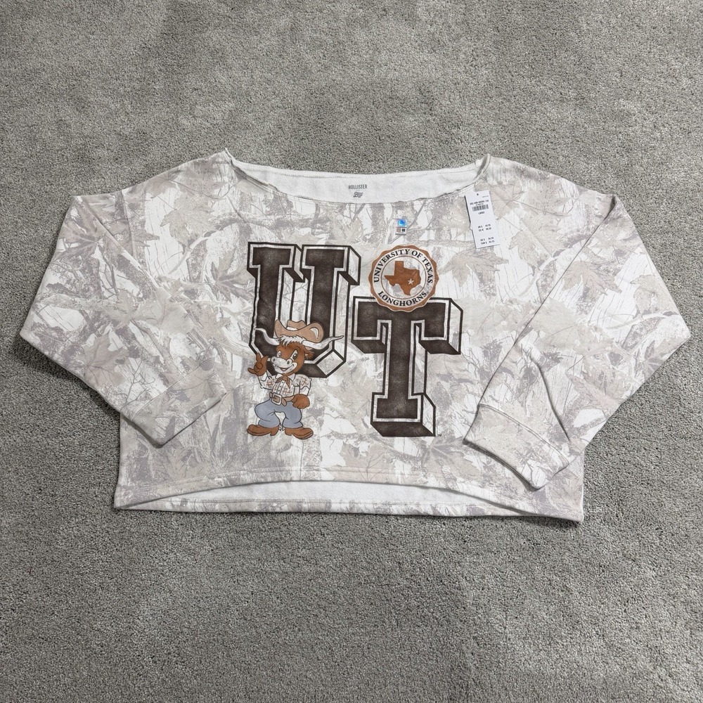 Hollister Texas Longhorns Sweatshirt‎ Womens Sz L Camo Cropped Off Shoulder NWT
